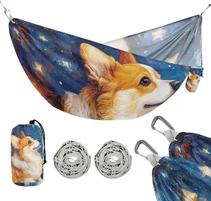 susiyo Portable Camping Hammock Lovely Corgi Dog Starry Sky Printed Lightweight Hammock Comfortable Travel Swing with Tree Straps for Camping Hiking Backpacking Travel or Beach - Up to 330lbs