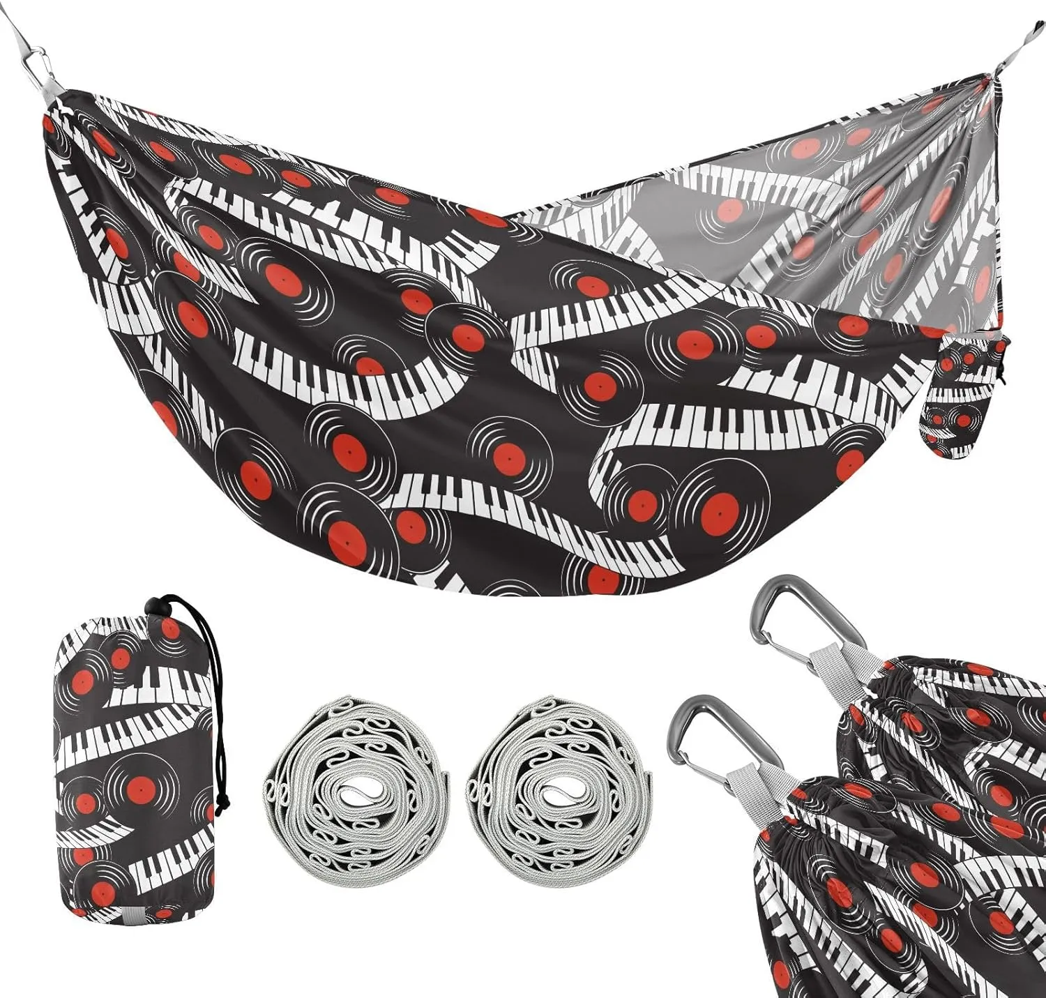 susiyo Portable Camping Hammock Piano Keyboard Vinyl Records Printed Lightweight Hammock Comfortable Travel Swing with Tree Straps for Camping Hiking Backpacking Travel or Beach - Up to 330lbs