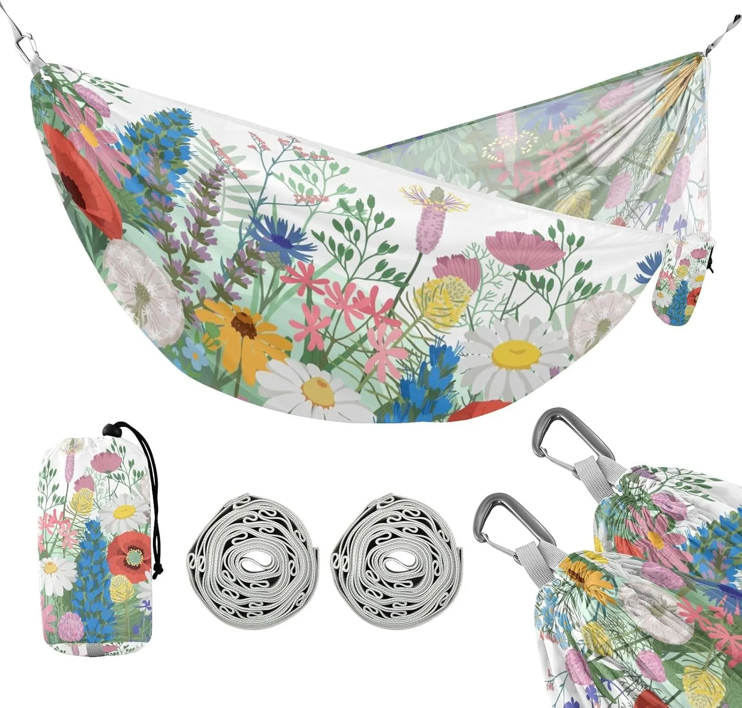 susiyo Portable Camping Hammock Summer Wildflowers Printed Lightweight Hammock Comfortable Travel Swing with Tree Straps for Camping Hiking Backpacking Travel or Beach - Up to 330lbs