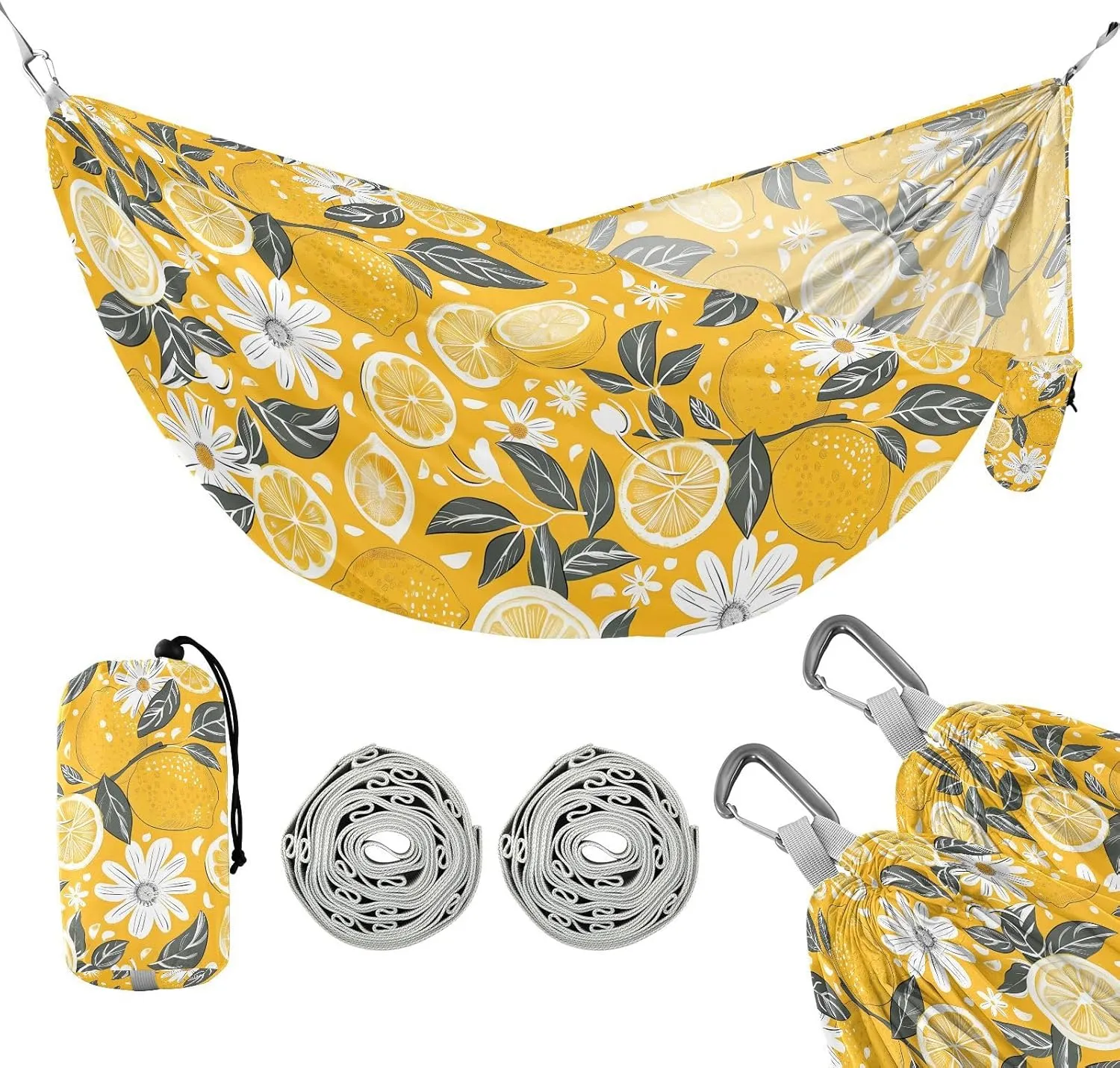 susiyo Portable Camping Hammock Yellow Fresh Lemon Printed Lightweight Hammock Comfortable Travel Swing with Tree Straps for Camping Hiking Backpacking Travel or Beach - Up to 330lbs