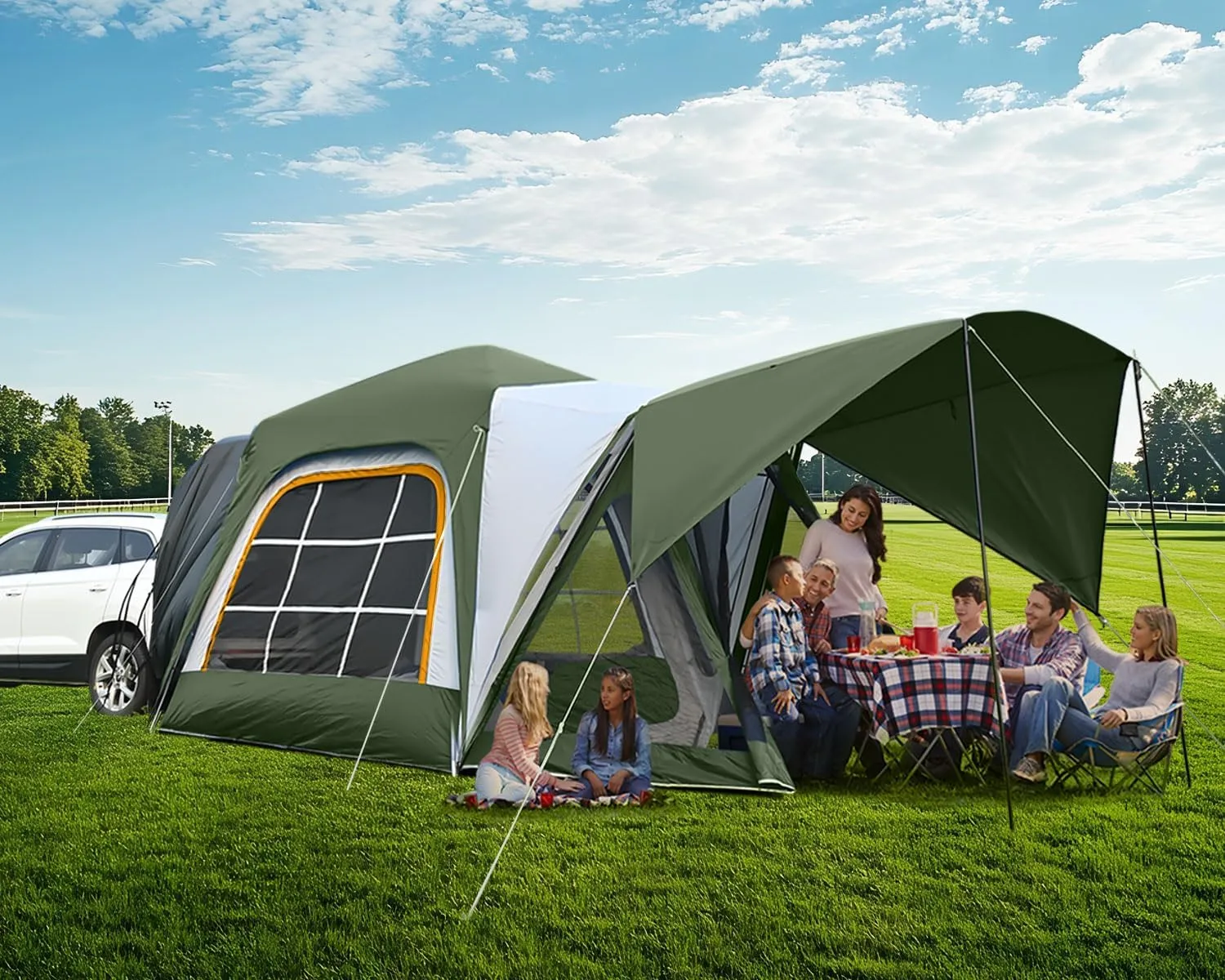 SUV Tents for Camping 6-8 People, 10x10ft SUV Tent Attachment for Camping with Screen Room & Awning, Pop Up Tailgate Tent, 210D Oxford PU 3000mm Waterproof 4 Season Car Tents - ArmyGreen