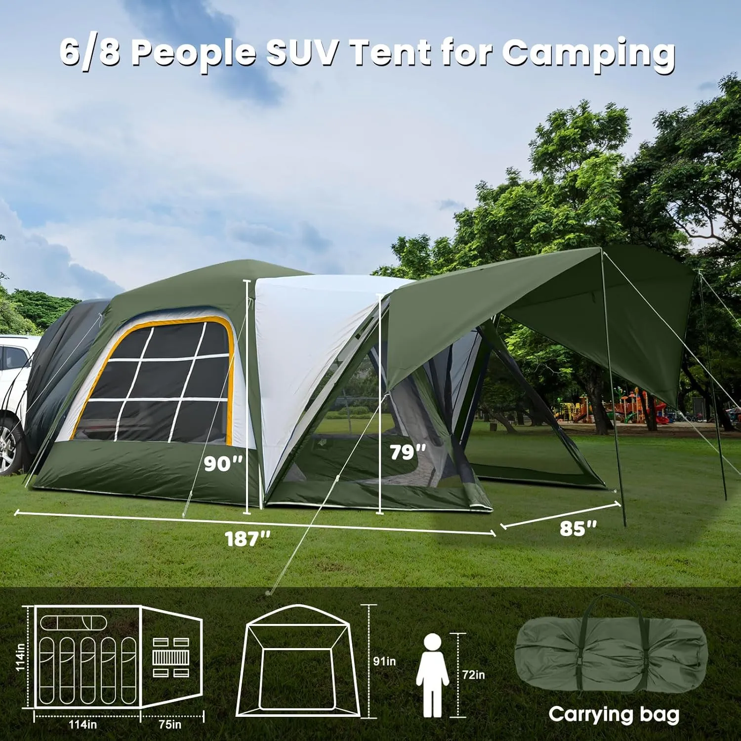 SUV Tents for Camping 6-8 People, 10x10ft SUV Tent Attachment for Camping with Screen Room & Awning, Pop Up Tailgate Tent, 210D Oxford PU 3000mm Waterproof 4 Season Car Tents - ArmyGreen