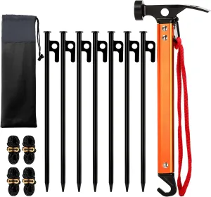 Suwimut Tent Stakes, 6 Pieces 12 Inch Heavy Duty Metal Tent Stakes with Hammer, 4x13ft Reflective Ropes and Storage Bag, Outdoor Camping Accessories Kit Pegs Aluminum Mallet for Hiking, Backpacking