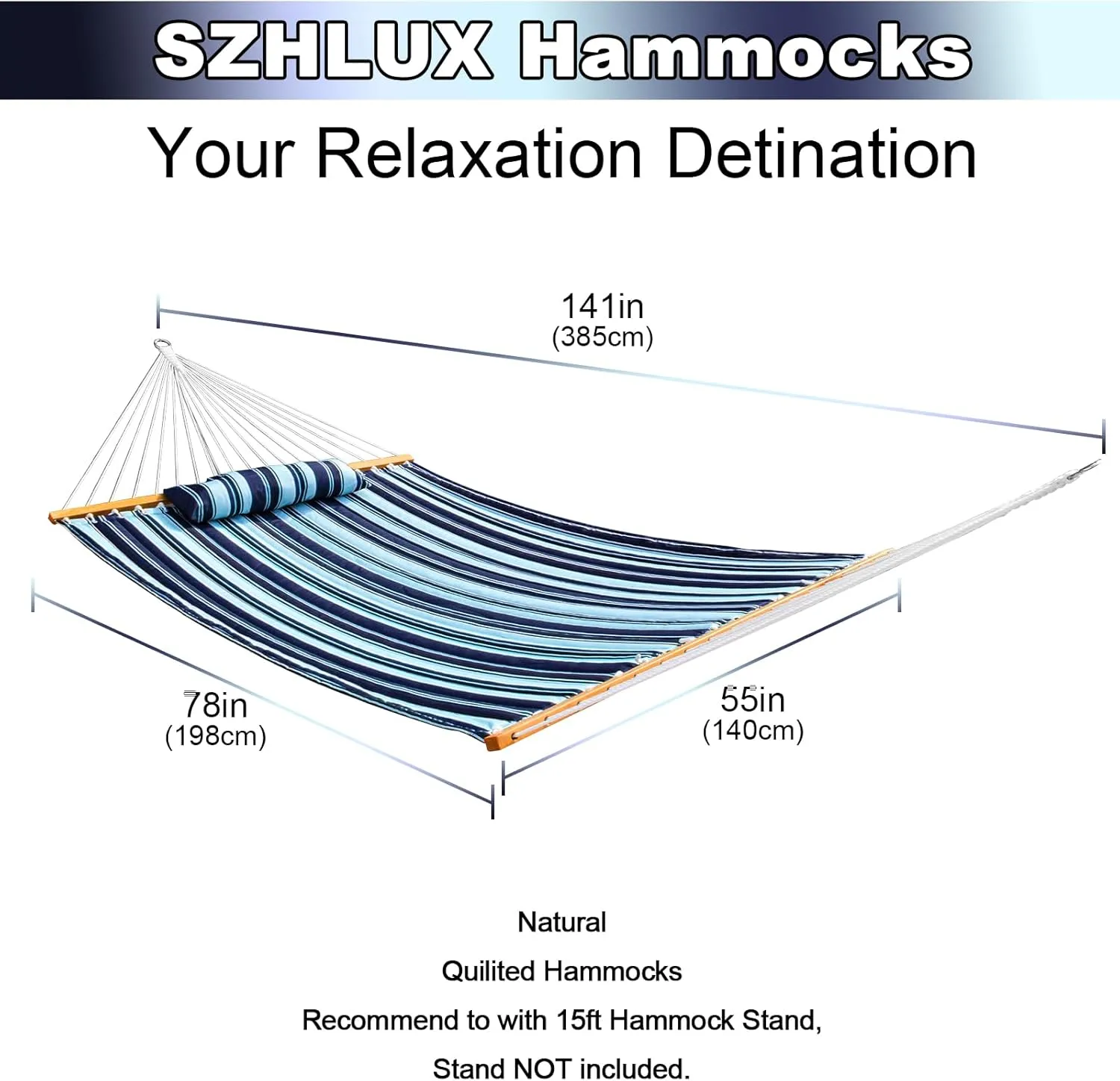 SZHLUX Outdoor Quilted Fabric Hammock with Spreader Bars and Detachable Pillow and Chains,Outdoor Patio Backyard Poolside, 450 LBS Weight Capacity, Catalina Beach