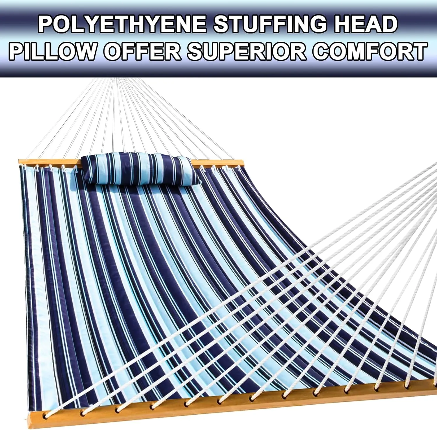 SZHLUX Outdoor Quilted Fabric Hammock with Spreader Bars and Detachable Pillow and Chains,Outdoor Patio Backyard Poolside, 450 LBS Weight Capacity, Catalina Beach