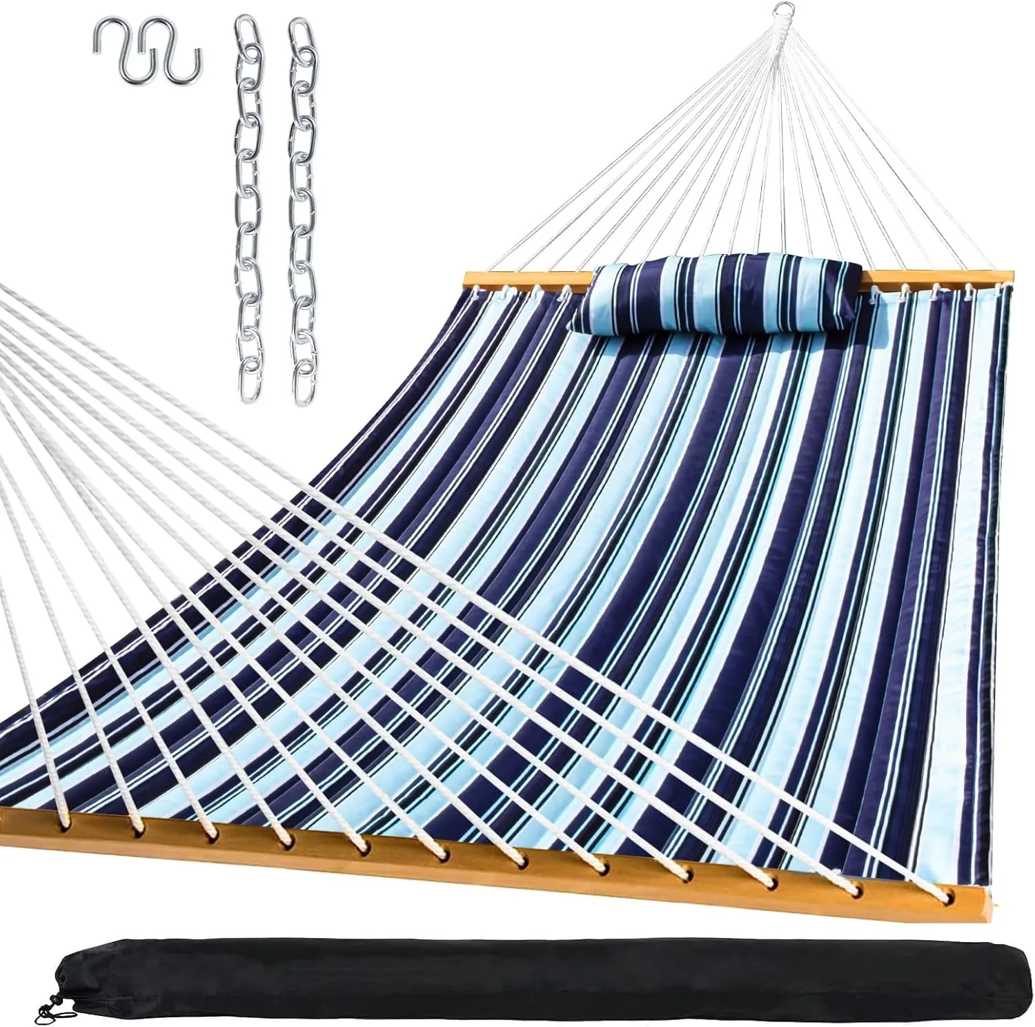 SZHLUX Outdoor Quilted Fabric Hammock with Spreader Bars and Detachable Pillow and Chains,Outdoor Patio Backyard Poolside, 450 LBS Weight Capacity, Catalina Beach