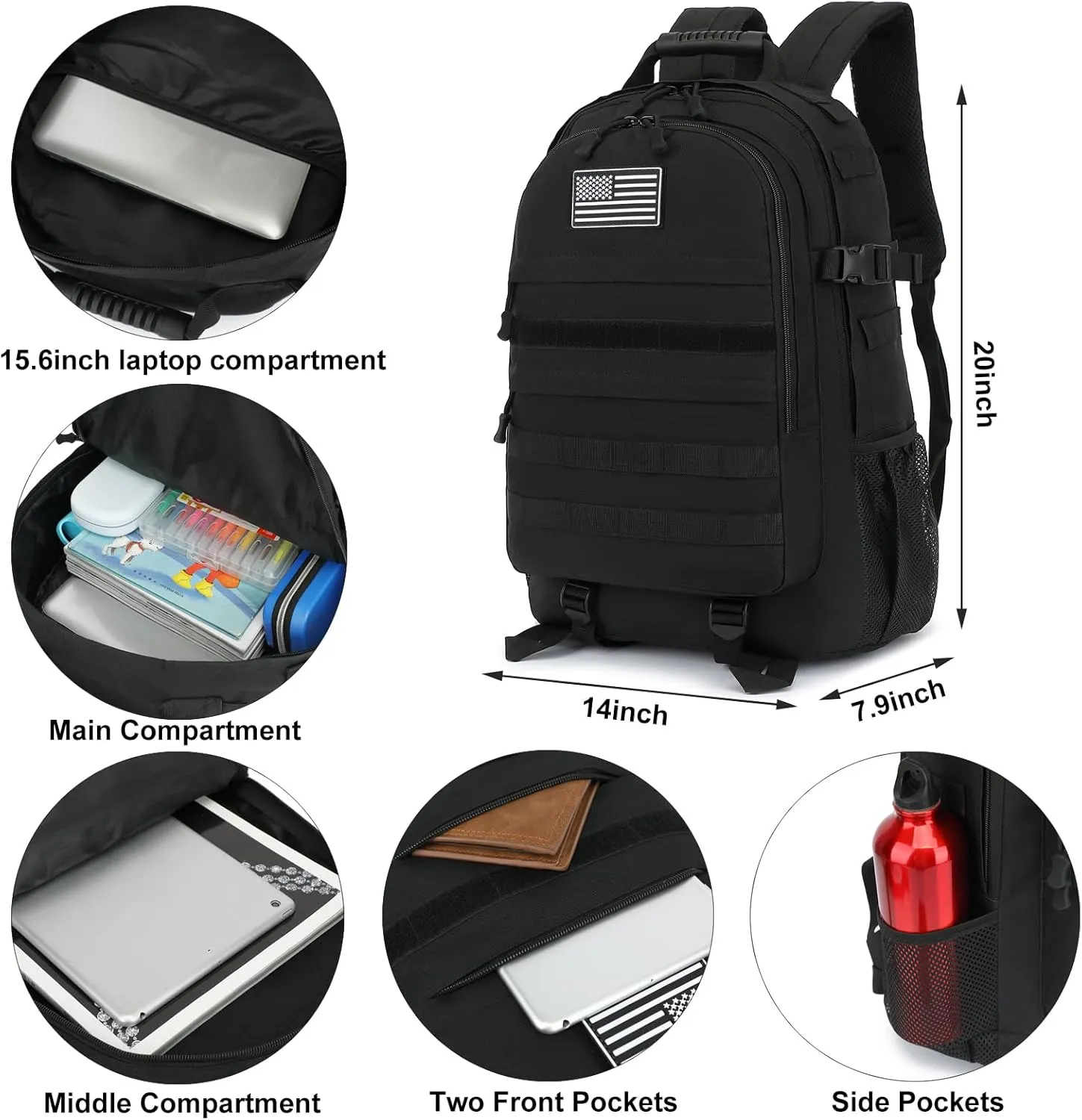 Tactical School Backpack for Boys Men, Military Army Bookbag for Kids Teens Adults Camping Travel Outdoor Hiking (Black)