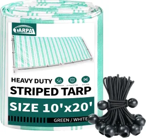 TARPAL Tarp 10x20 Feet Striped tarp 12mil Heavy Duty Poly Tarps with Ball Bungee Cord (25 Pack) Combination Multipurpose Protective Cover Durable, Waterproof, Weather Proof, UV Resistant,Tearproof