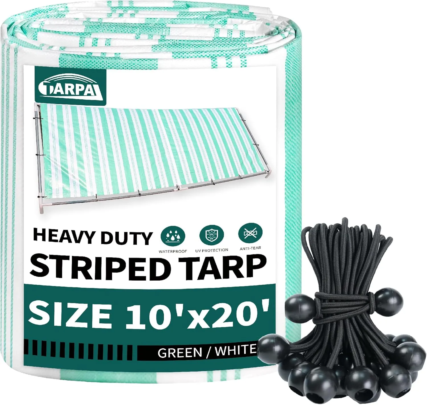 TARPAL Tarp 10x20 Feet Striped tarp 12mil Heavy Duty Poly Tarps with Ball Bungee Cord (25 Pack) Combination Multipurpose Protective Cover Durable, Waterproof, Weather Proof, UV Resistant,Tearproof