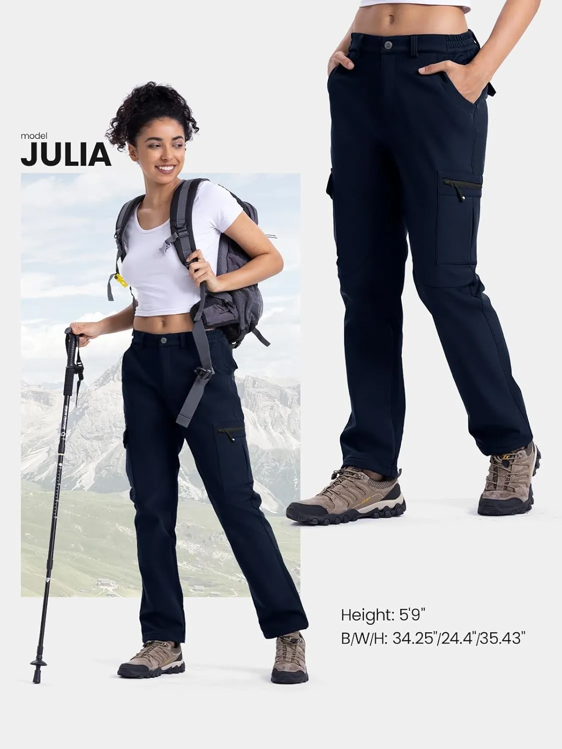 TBMPOY Women's Hiking Cargo Pants Outdoor Waterproof Windproof Softshell Fleece Snow Pants