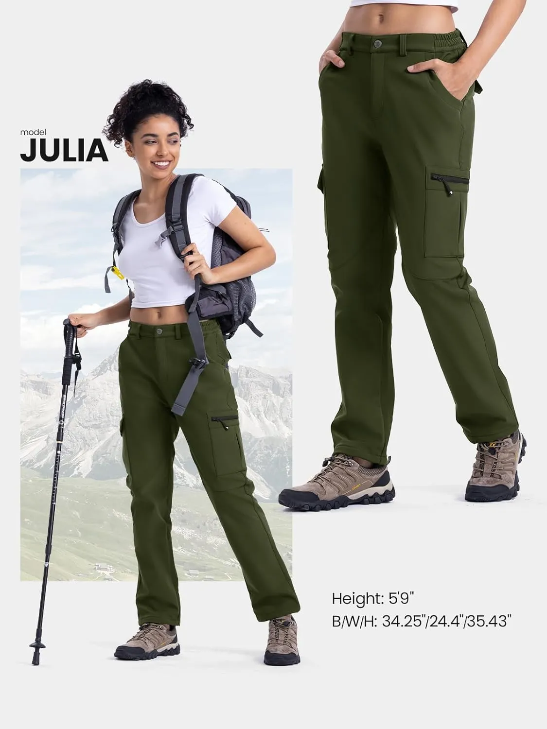 TBMPOY Women's Hiking Cargo Pants Outdoor Waterproof Windproof Softshell Fleece Snow Pants