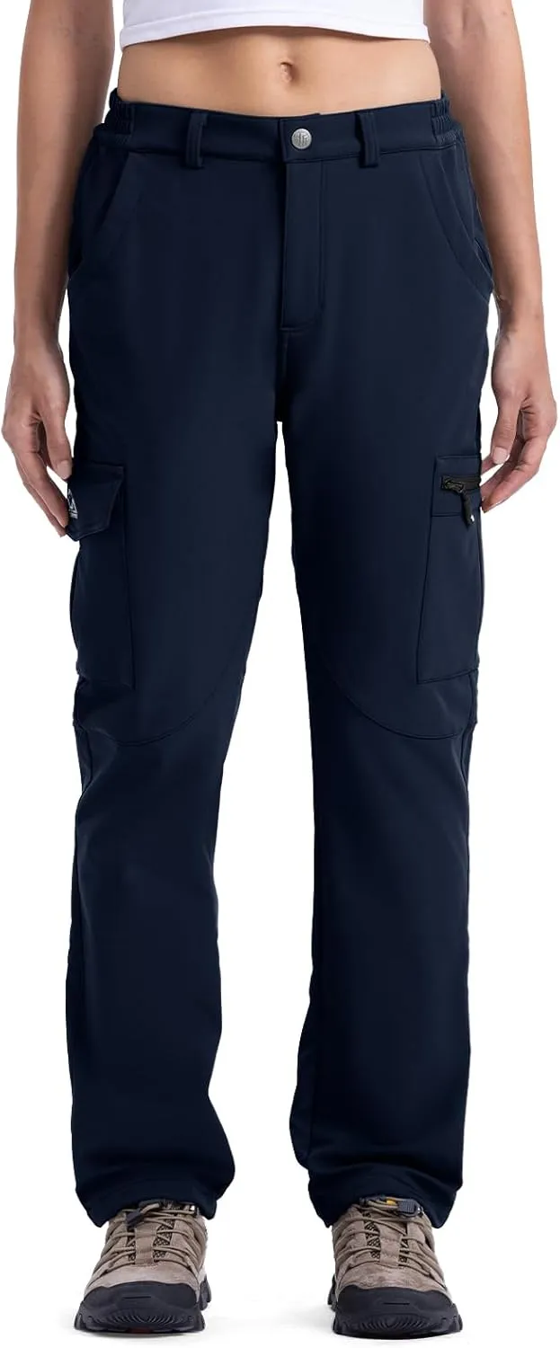 TBMPOY Women's Hiking Cargo Pants Outdoor Waterproof Windproof Softshell Fleece Snow Pants