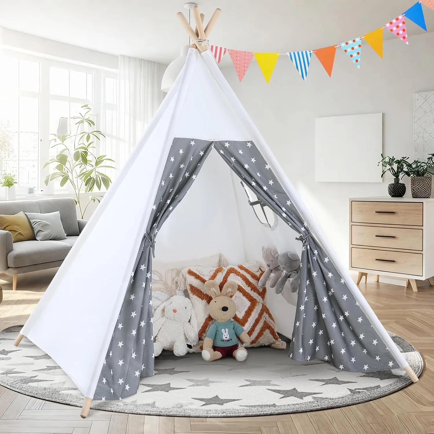 Teepee Tent for Kids Indoor - Kids Tee Pee Tent with Light & Flag, Cotton Foldable Toddler Teepee Outdoor, Sleepover Party Toy Gift for Girls Boys, Child Play House Room Decoration