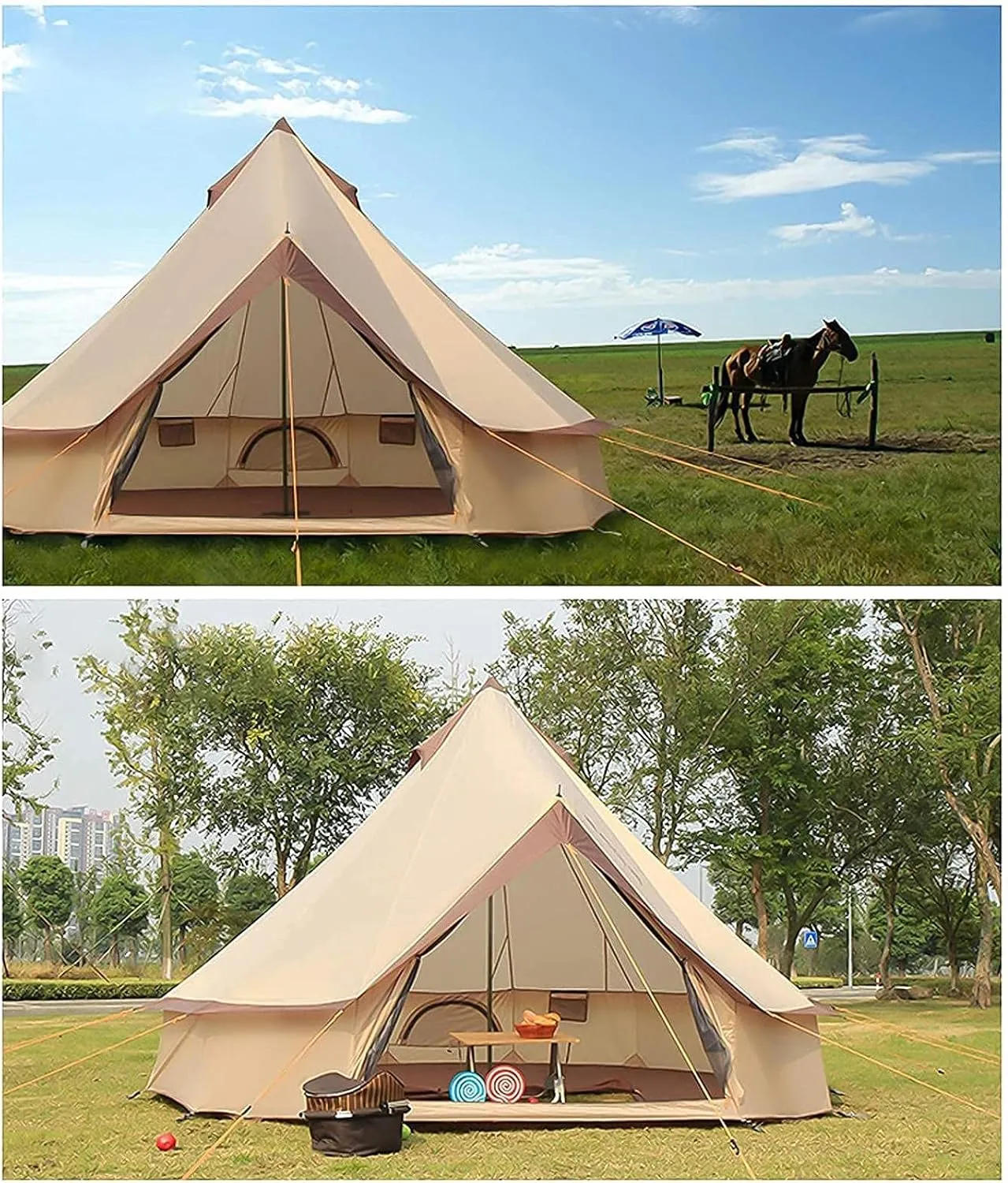 Tent Canvas Tent with Stove Hole Canvas Tents Yurt Tent for Camping 4-Season Waterproof Tent for Family Camping Outdoor Glamping, Luxury Teepee (B 5M) (C Light Gray)