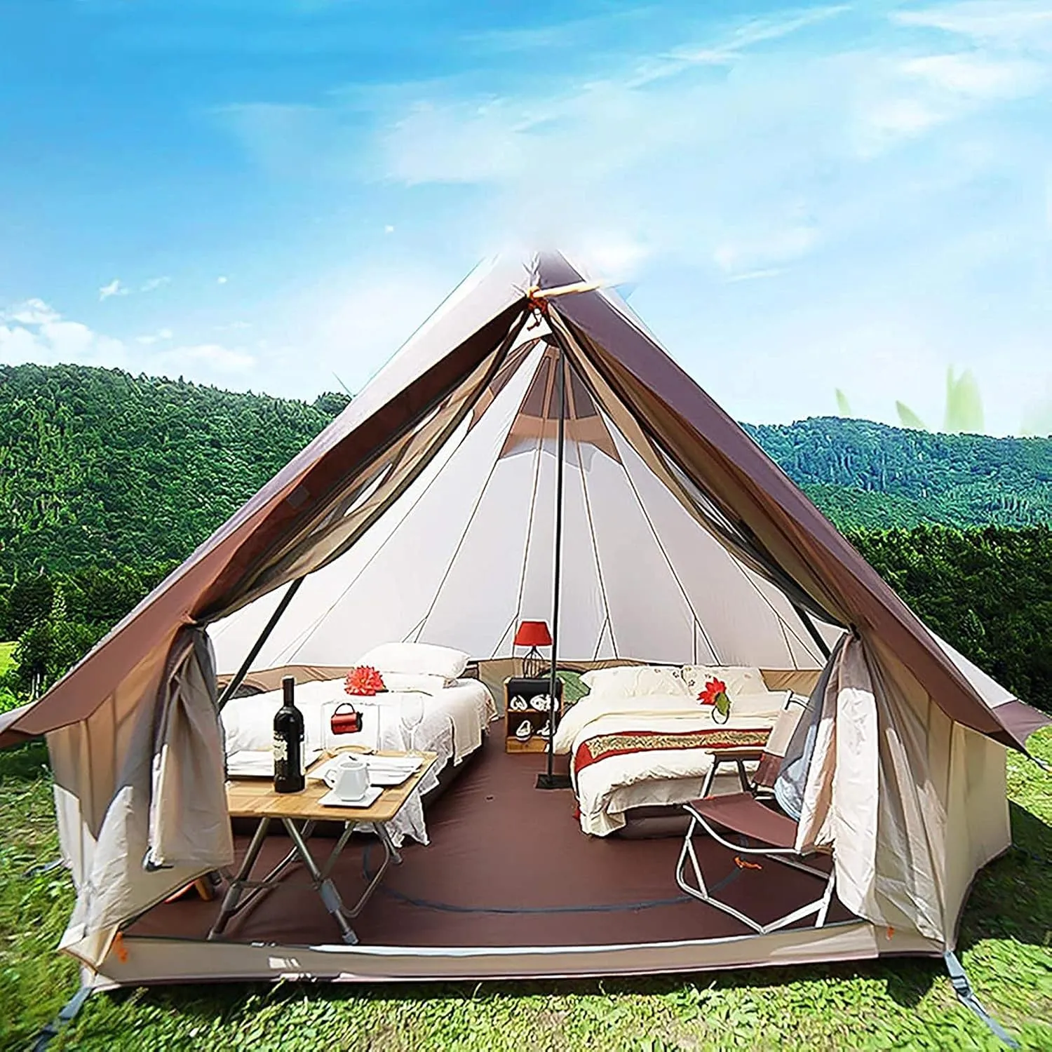 Tent Canvas Tent with Stove Hole Canvas Tents Yurt Tent for Camping 4-Season Waterproof Tent for Family Camping Outdoor Glamping, Luxury Teepee (B 5M) (C Light Gray)