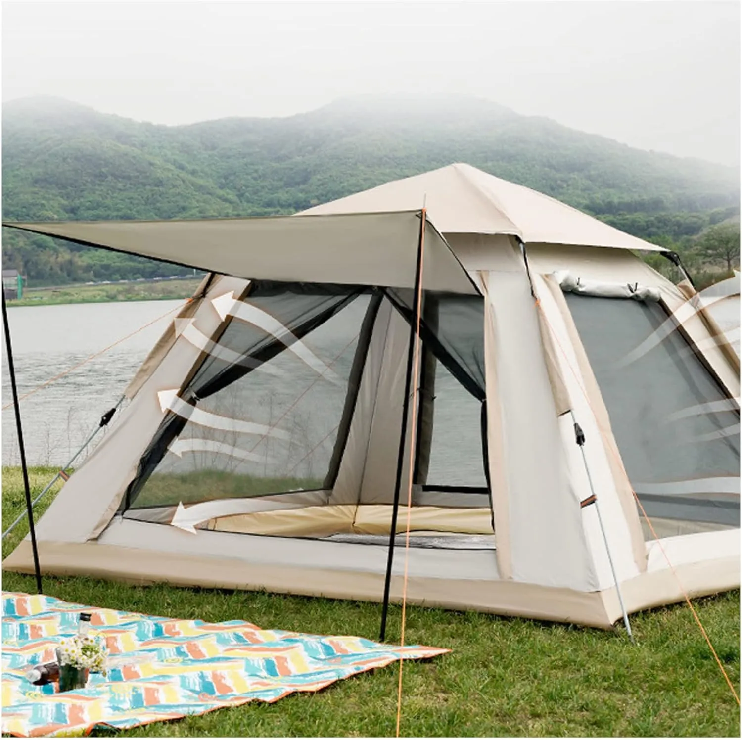 Tent Family 4 People Pop Open in Three Seconds,Double Doors and Four Windows Family Tent with Living Area Practical and Lightweight Easy Up Tent for Camping Hiking Picnic Garden