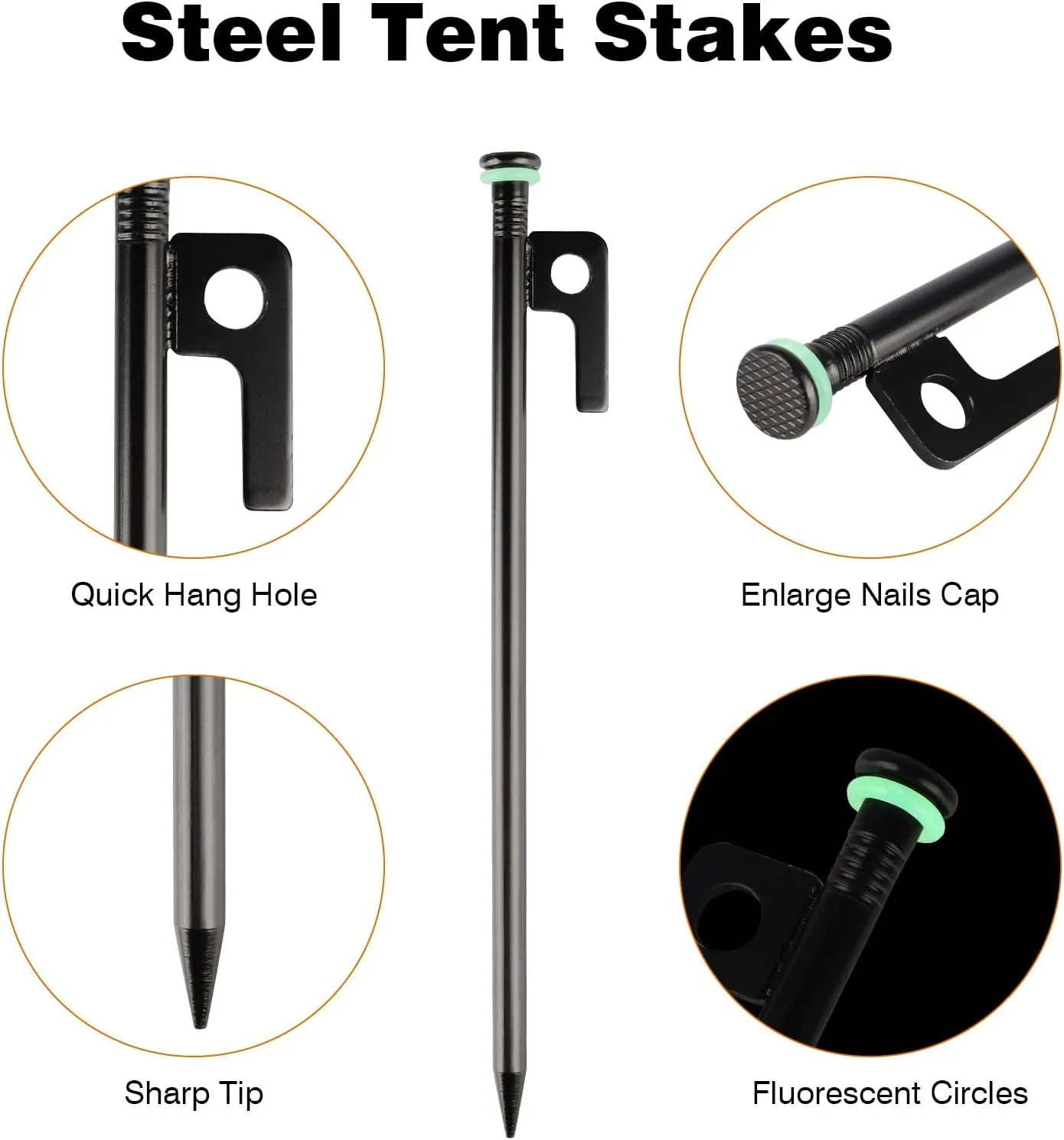Tent Stakes Heavy Duty & Hammer Set,with 12in Tent Stake Remover  10 in Steel Tent Pegs Storage Bag  Fluorescent Rubber Circle for Camping Used on Rocks, Grassland,Canopies (10"- 4pack & 12" Hammer)