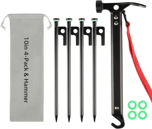 Tent Stakes Heavy Duty & Hammer Set,with 12in Tent Stake Remover  10 in Steel Tent Pegs Storage Bag  Fluorescent Rubber Circle for Camping Used on Rocks, Grassland,Canopies (10"- 4pack & 12" Hammer)