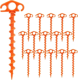Tent Stakes Sand Stakes for Beach Tent Spiral Anchor Stakes 9.4 Inch Heavy Duty Screw Canopy Stakes for Camping, Hiking and More (16, Orange)