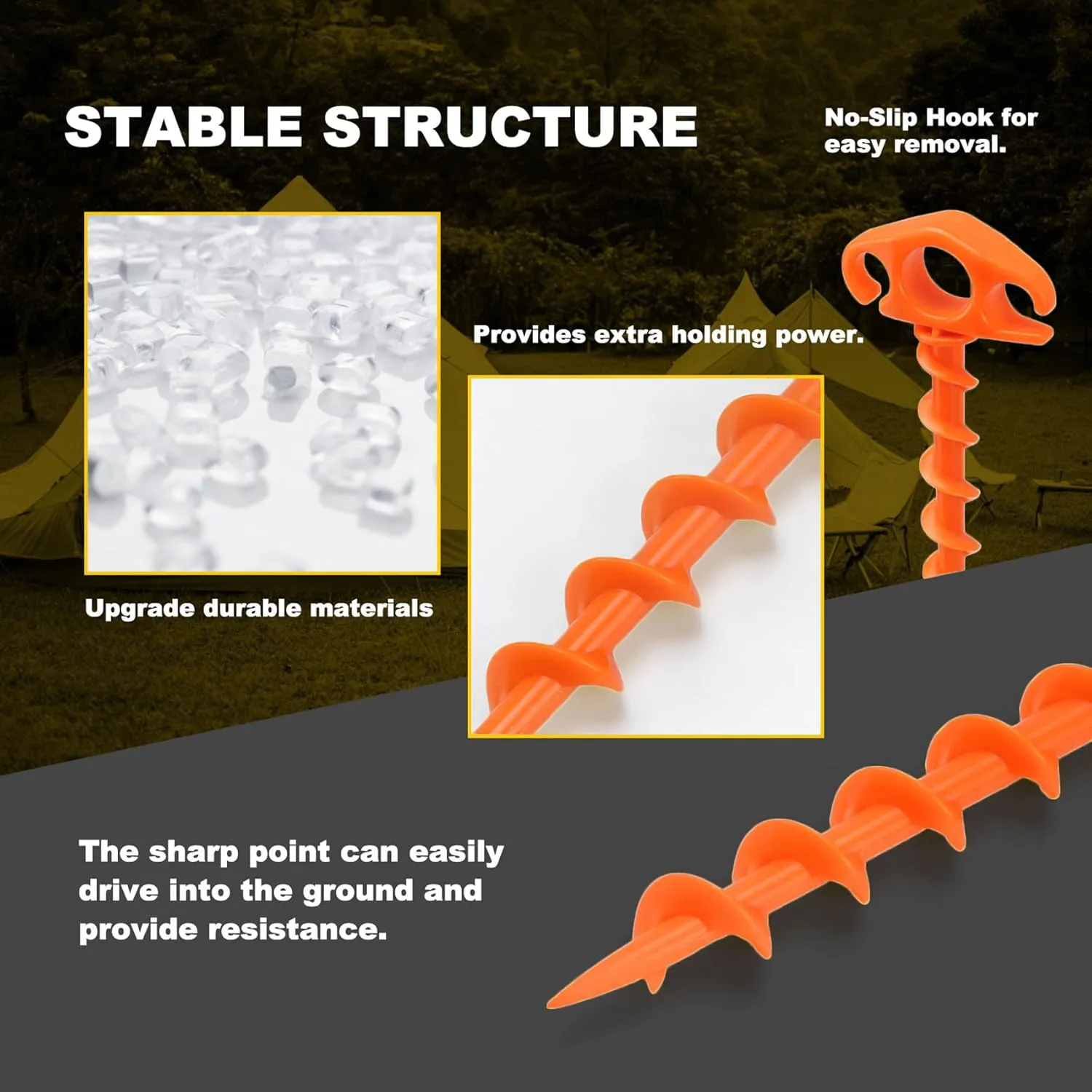 Tent Stakes Sand Stakes for Beach Tent Spiral Anchor Stakes 9.4 Inch Heavy Duty Screw Canopy Stakes for Camping, Hiking and More (16, Orange)