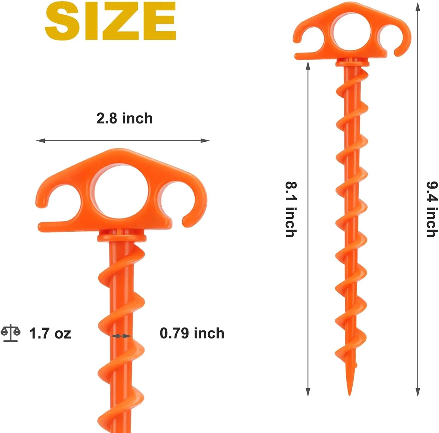 Tent Stakes Sand Stakes for Beach Tent Spiral Anchor Stakes 9.4 Inch Heavy Duty Screw Canopy Stakes for Camping, Hiking and More (16, Orange)