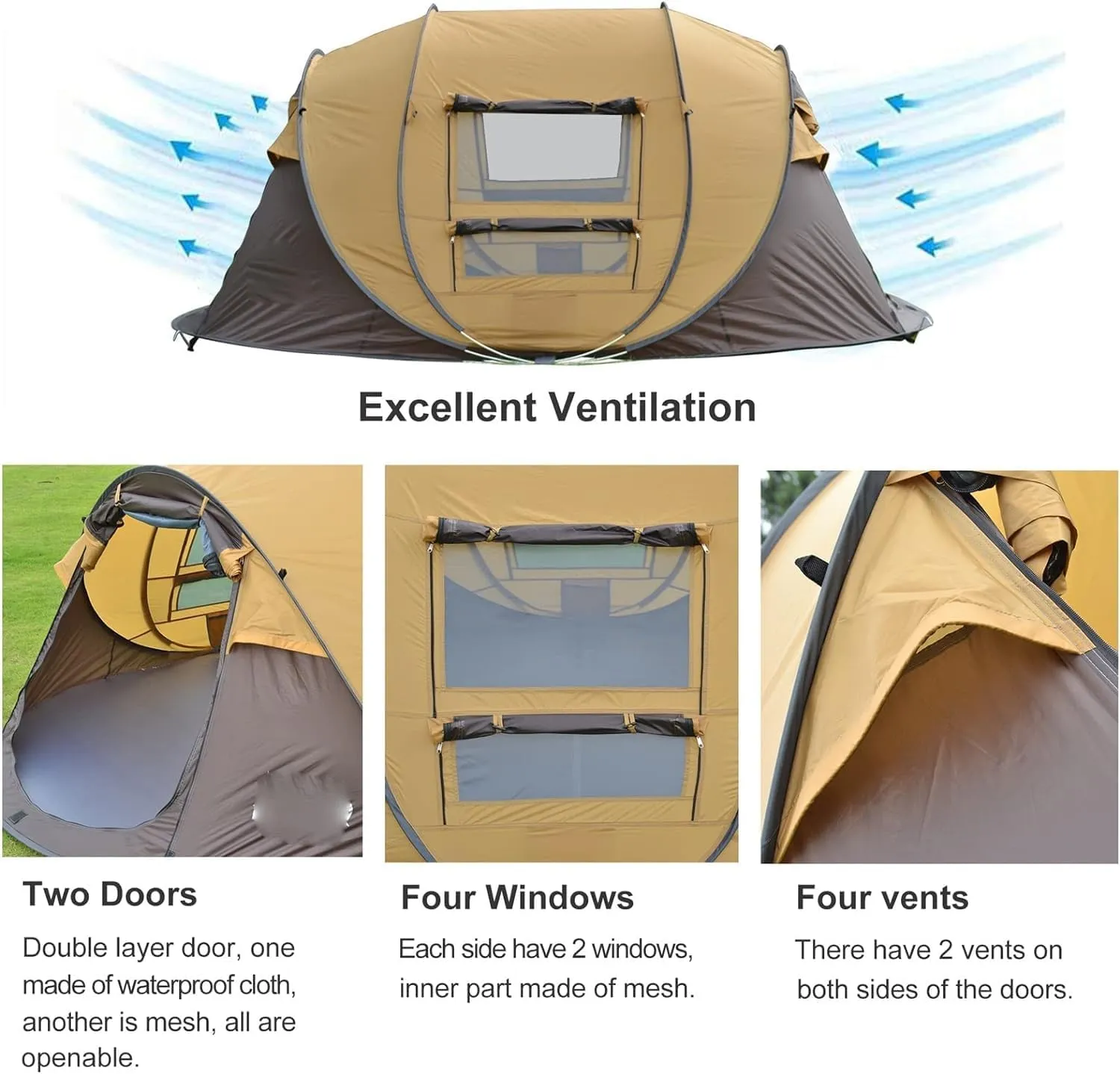 Tents Automatic Pop-up Tent, 3-4 Person Outdoor Instant Setup Tent 4 Season Waterproof Tent for Hiking, Camping, Travelling (Brown One Size)