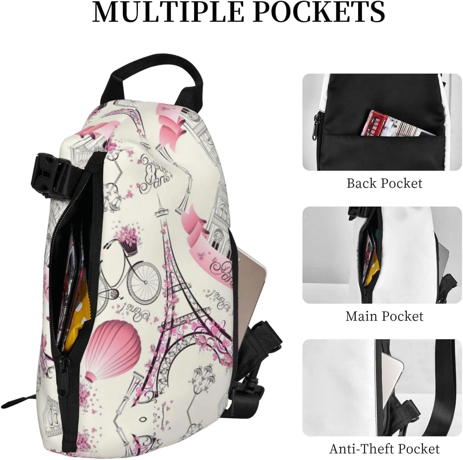 The Paris Tower And A Bicycle Print Crossbody Backpack Casual Adjustable Bag Multifunctional Sling Backpack