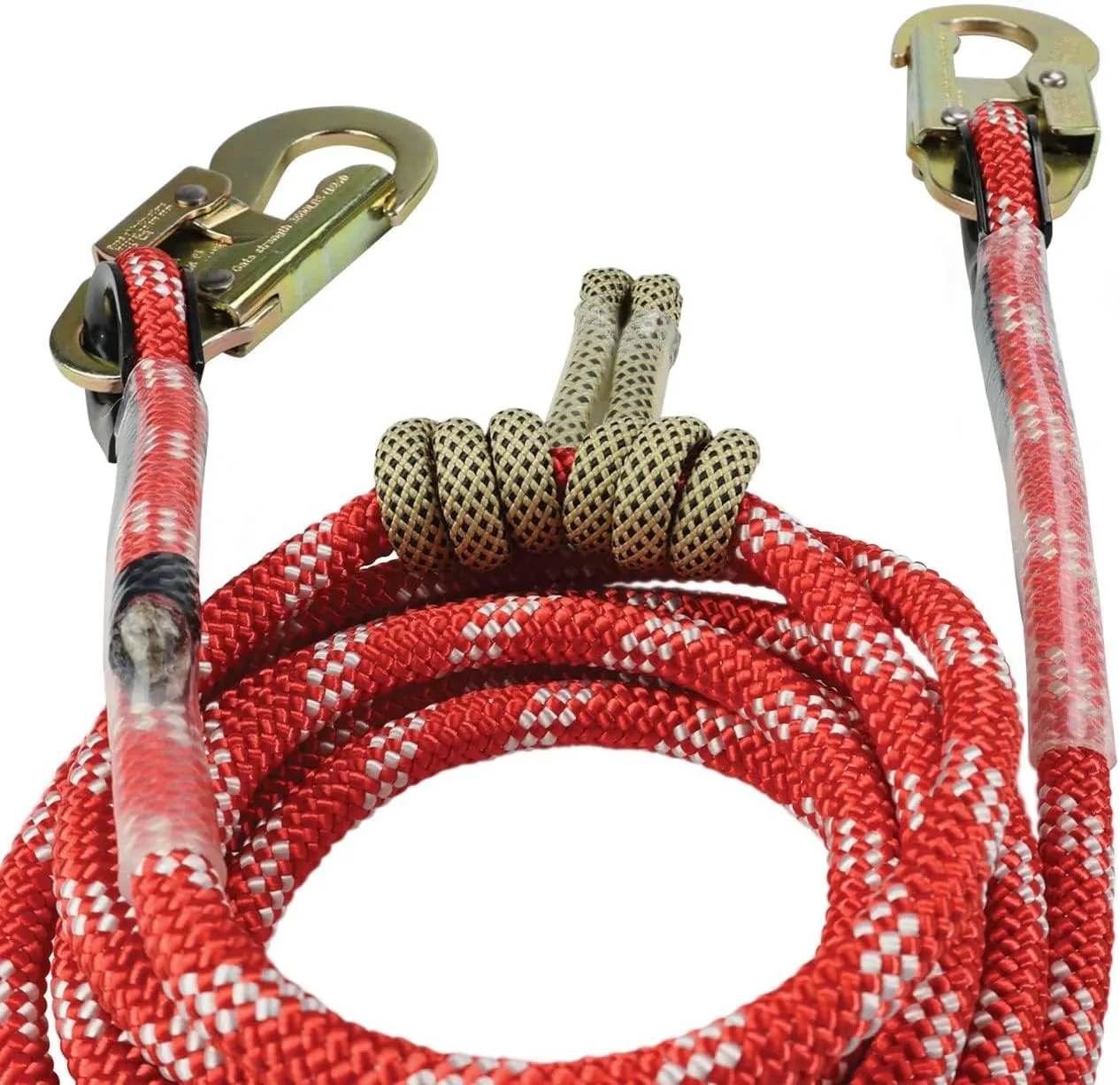 The Red-3 2-in-1 Prusik Positioning Lanyard for Climbing & Fall Protection - Static Kernmantle Rope 1/2 inch Diameter x 10 ft, 5,400 lb MBS - 2 Steel Safety Snap Swivels