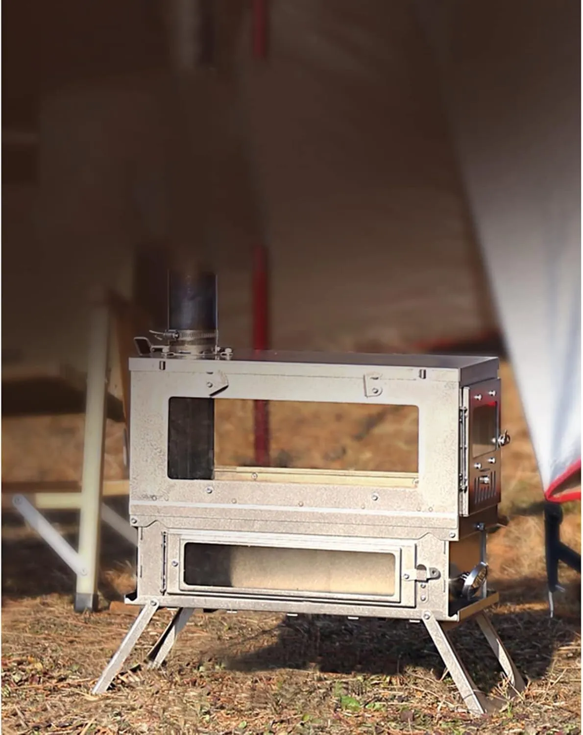 Titanium camping tent stove, wood stove with large side glass, foldable small camping stove for backpacking with chimney pipes for winter