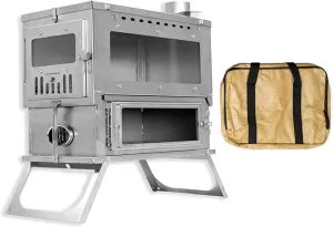 Titanium camping tent stove, wood stove with large side glass, foldable small camping stove for backpacking with chimney pipes for winter