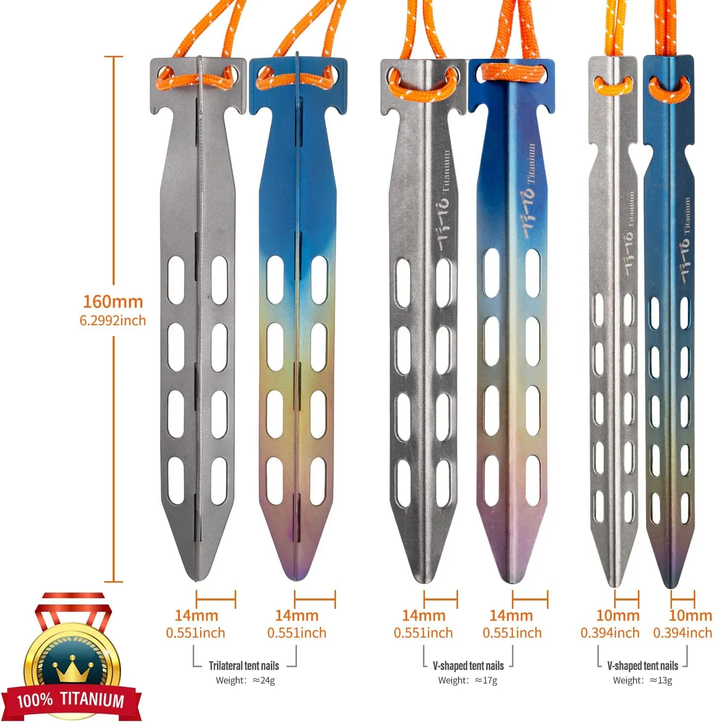 TiTo 6 Pack Titanium Tent Stakes 14X14X160mm V-Shaped Windproof Tent Nail Pegs with Carrying Pouch for Camping, Hiking, Gardening and Canopy (Gray)
