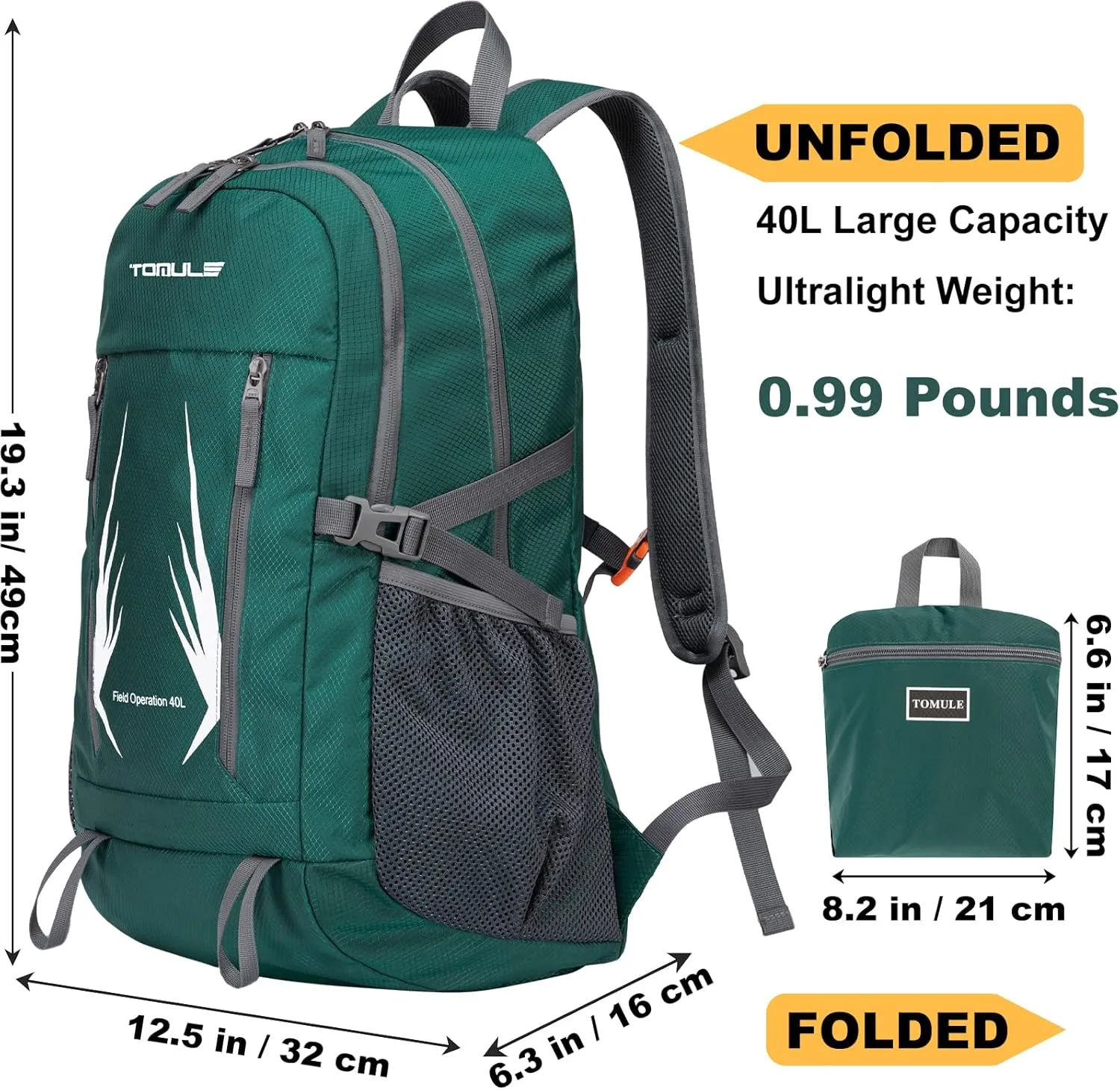 TOMULE Day Hiking Backpack - Small Waterproof Travel Backpack for Women, 40L