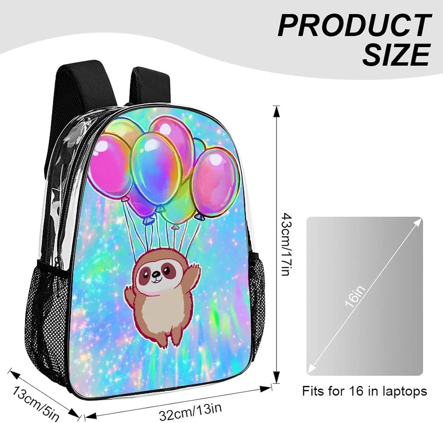 Transparent Daypack Backpack for Climbing Outdoors Running - Big Capacity Multipurpose Anti-Theft Bookbag, Balloon Sloth Rainbow Travel Hiking & Camping Rucksack