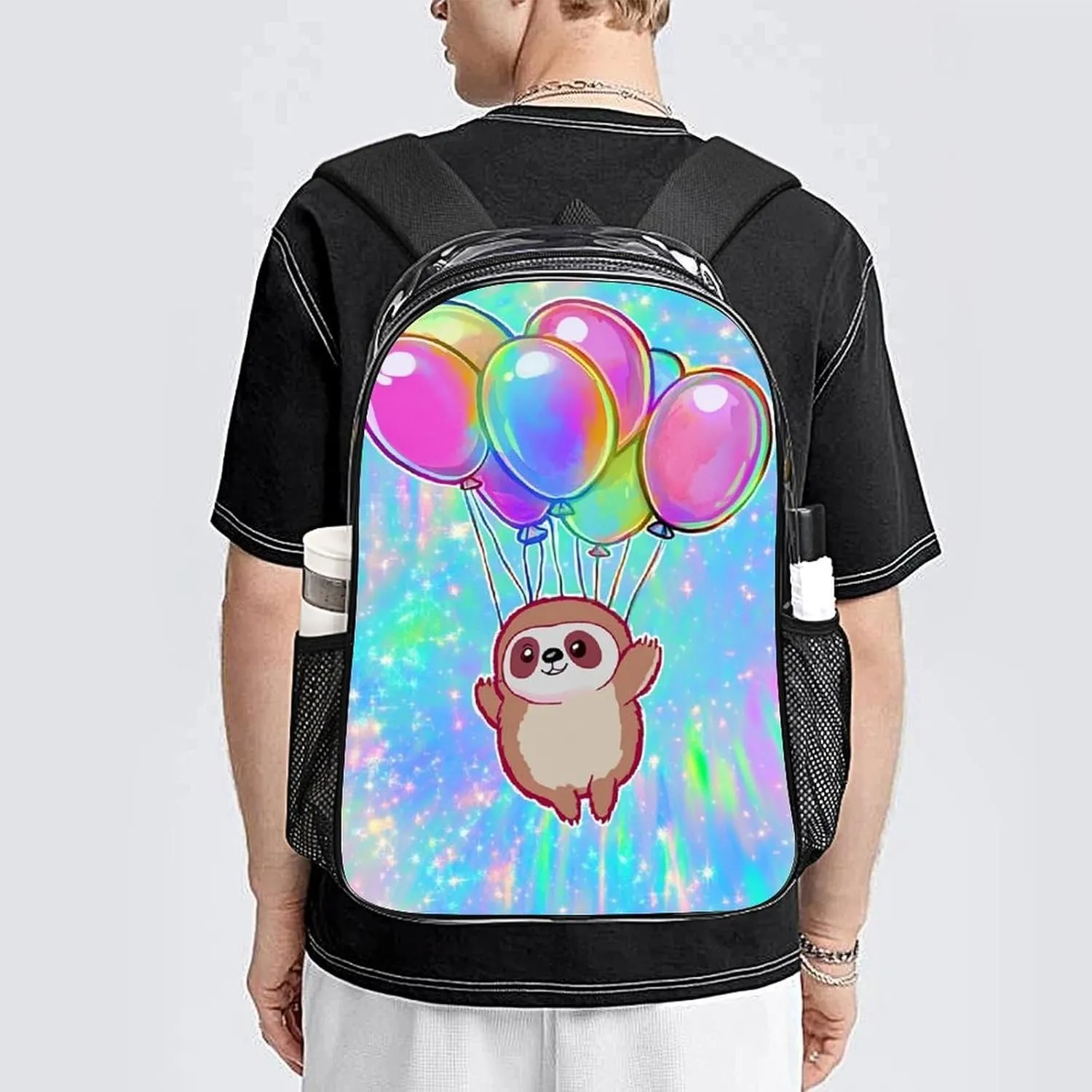 Transparent Daypack Backpack for Climbing Outdoors Running - Big Capacity Multipurpose Anti-Theft Bookbag, Balloon Sloth Rainbow Travel Hiking & Camping Rucksack