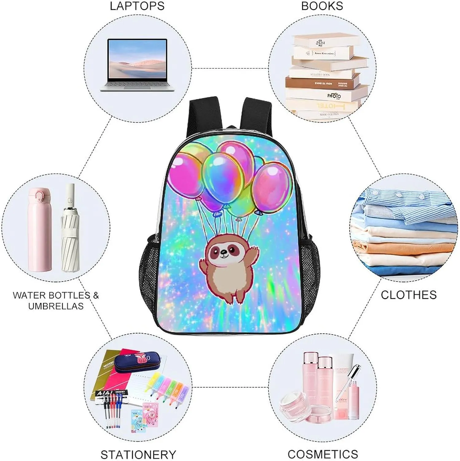 Transparent Daypack Backpack for Climbing Outdoors Running - Big Capacity Multipurpose Anti-Theft Bookbag, Balloon Sloth Rainbow Travel Hiking & Camping Rucksack