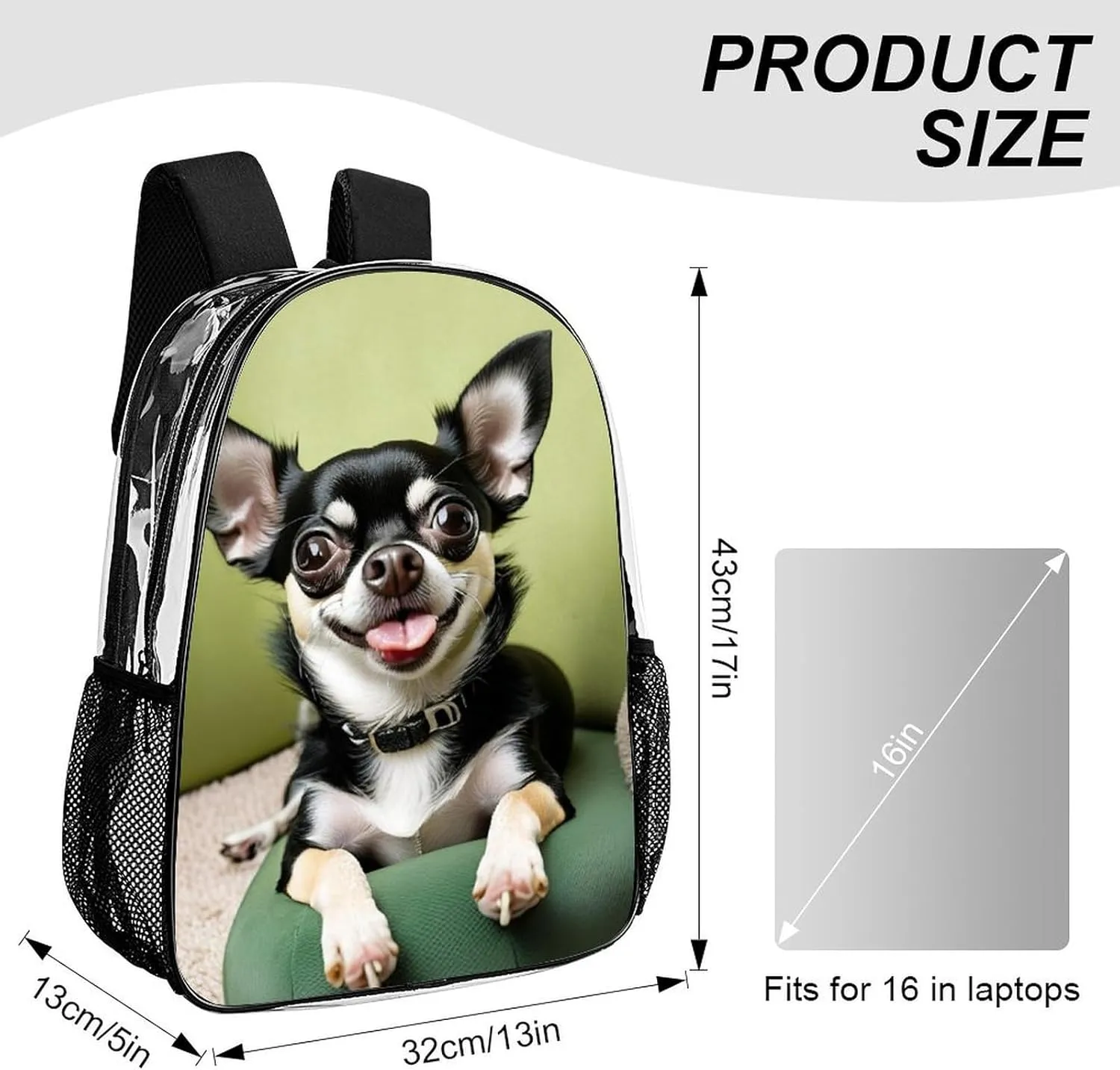 Transparent Daypack Backpack for Sports Travel Running - Big Capacity Anti-Theft Multipurpose Carry On Bag, Chihuahua Dog Laptop Book Bag Rucksack