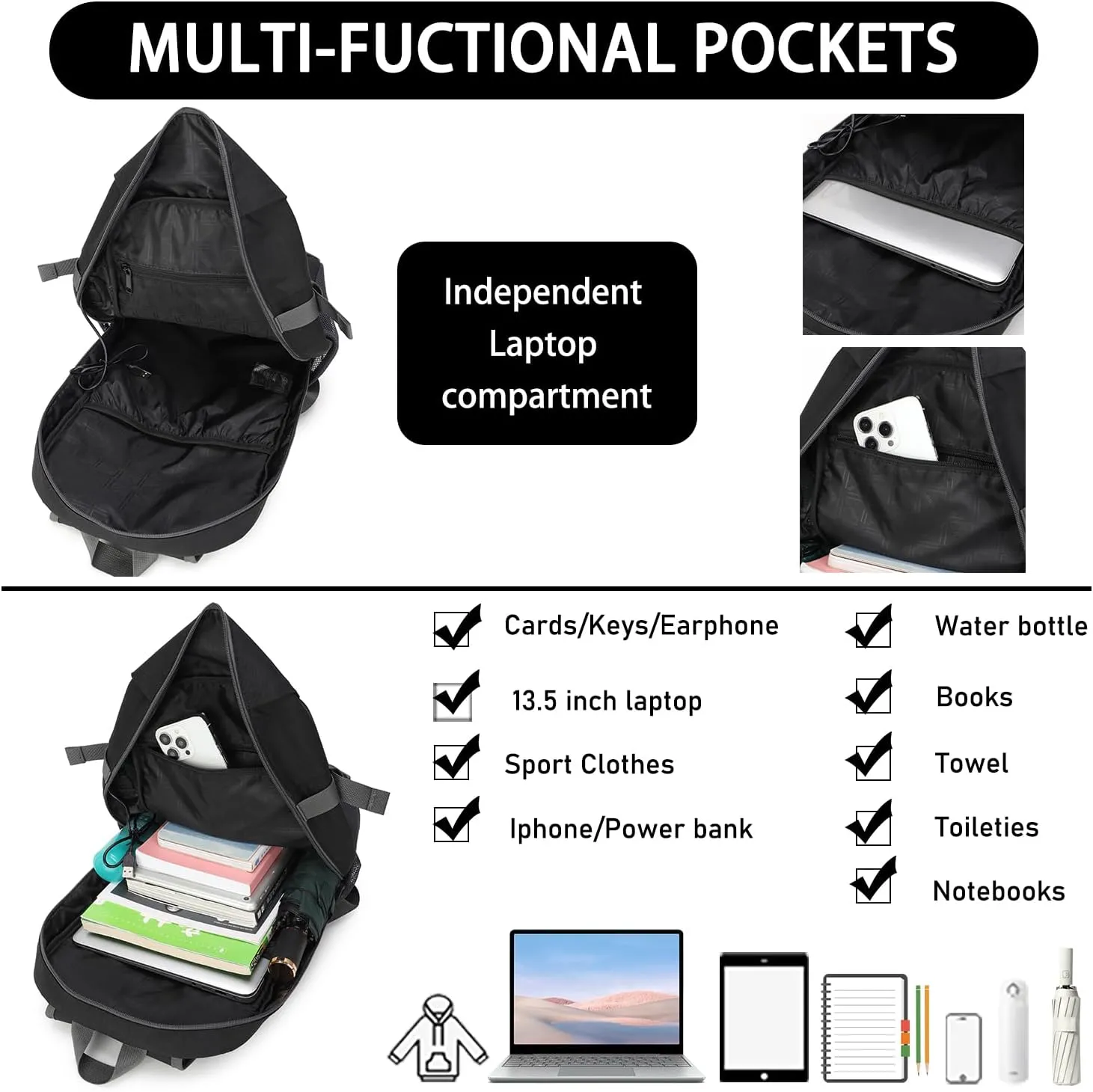 Travel Backpack for Women & Men, Lightweight Backpacks with USB Charging Port in 3 Size, TSA 13.5/15.6/17.3 inch Laptop Backpack, Casual Hiking Daypack for Camping Weekender Business Outdoor