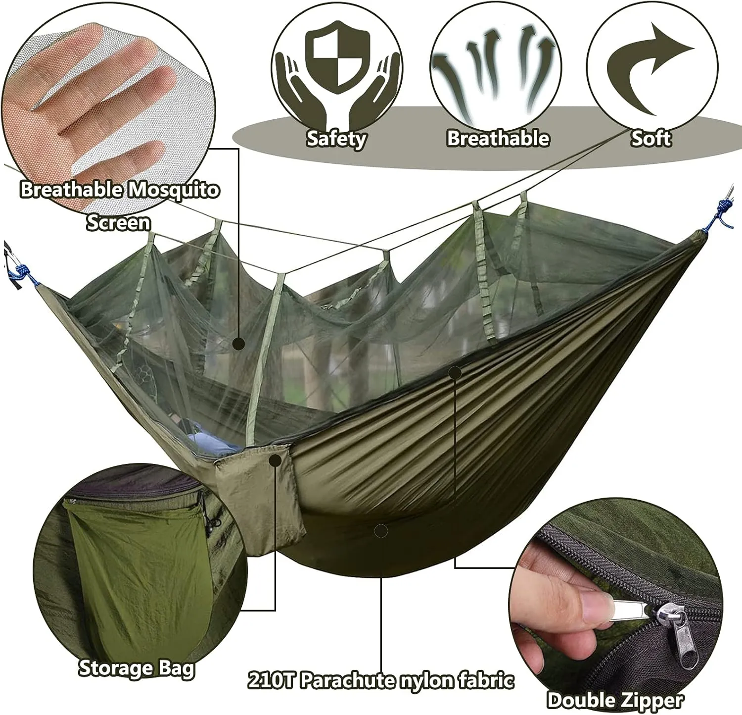 Travel Hammock with Mosquito Net, Lightweight Camping Hammock 200kg Load Capacity, Portable Outdoor Hammock for Camping, Backpacking, Survival, Outdoor Backyard Hiking,Army Green