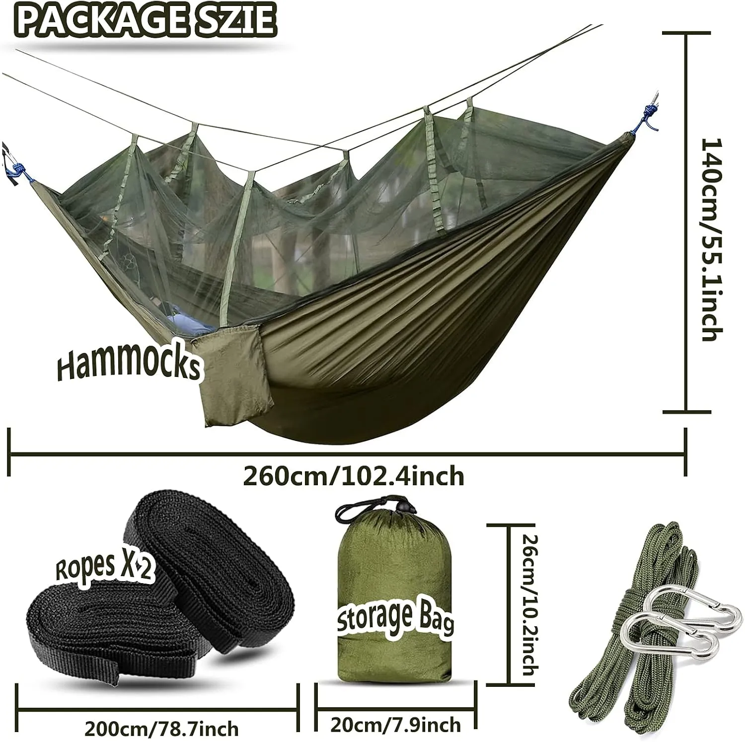 Travel Hammock with Mosquito Net, Lightweight Camping Hammock 200kg Load Capacity, Portable Outdoor Hammock for Camping, Backpacking, Survival, Outdoor Backyard Hiking,Army Green