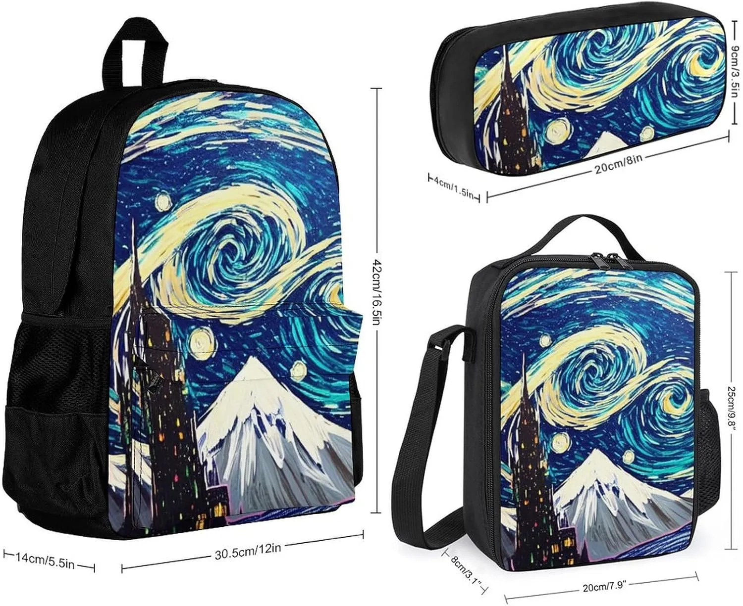 Travel Hiking Bag & Day Pack 3 Piece Daypack Climbing Shoulder Bag Large Capacity Backpack Starry Sky Night Art College Bookbag for Adults