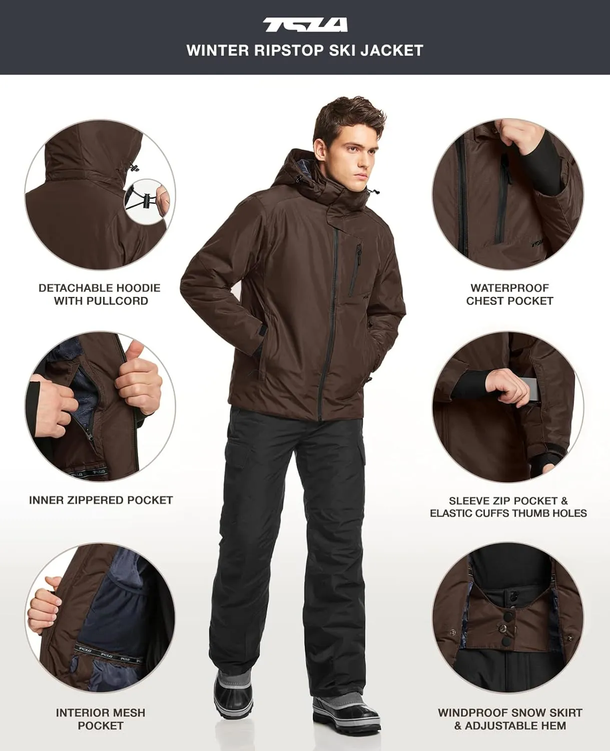 TSLA Men's Winter Ski Jacket, Waterproof Warm Insulated Snow Coats, Cold Weather Windproof Snowboard Jacket with Hood