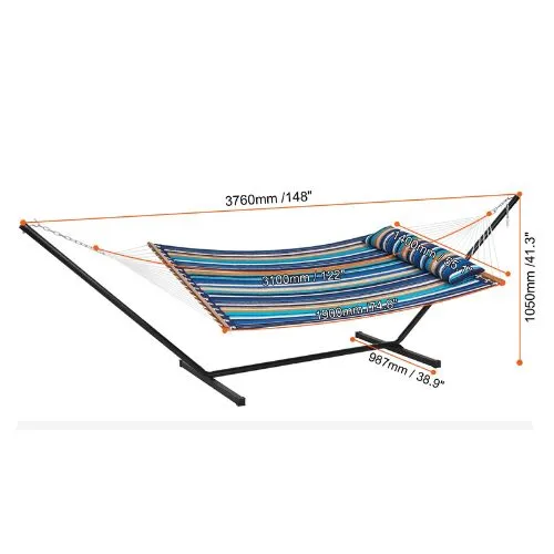 Two Person Hammock with Stand & Straight Spreader Bar Blue Cyan Stripe
