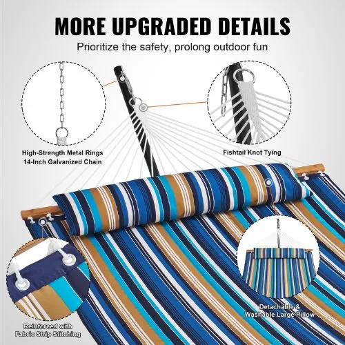Two Person Hammock with Stand & Straight Spreader Bar Blue Cyan Stripe