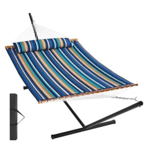 Two Person Hammock with Stand & Straight Spreader Bar Blue Cyan Stripe