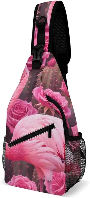 Ultra Lightweight Sling Shoulder Backpack Shoulder Crossbody Bag Chest Pack Multipurpose Anti-Theft Daypack for Outdoors Camping Hiking Trekking, Tropical Pink Flamingo Flowers Cactus Art
