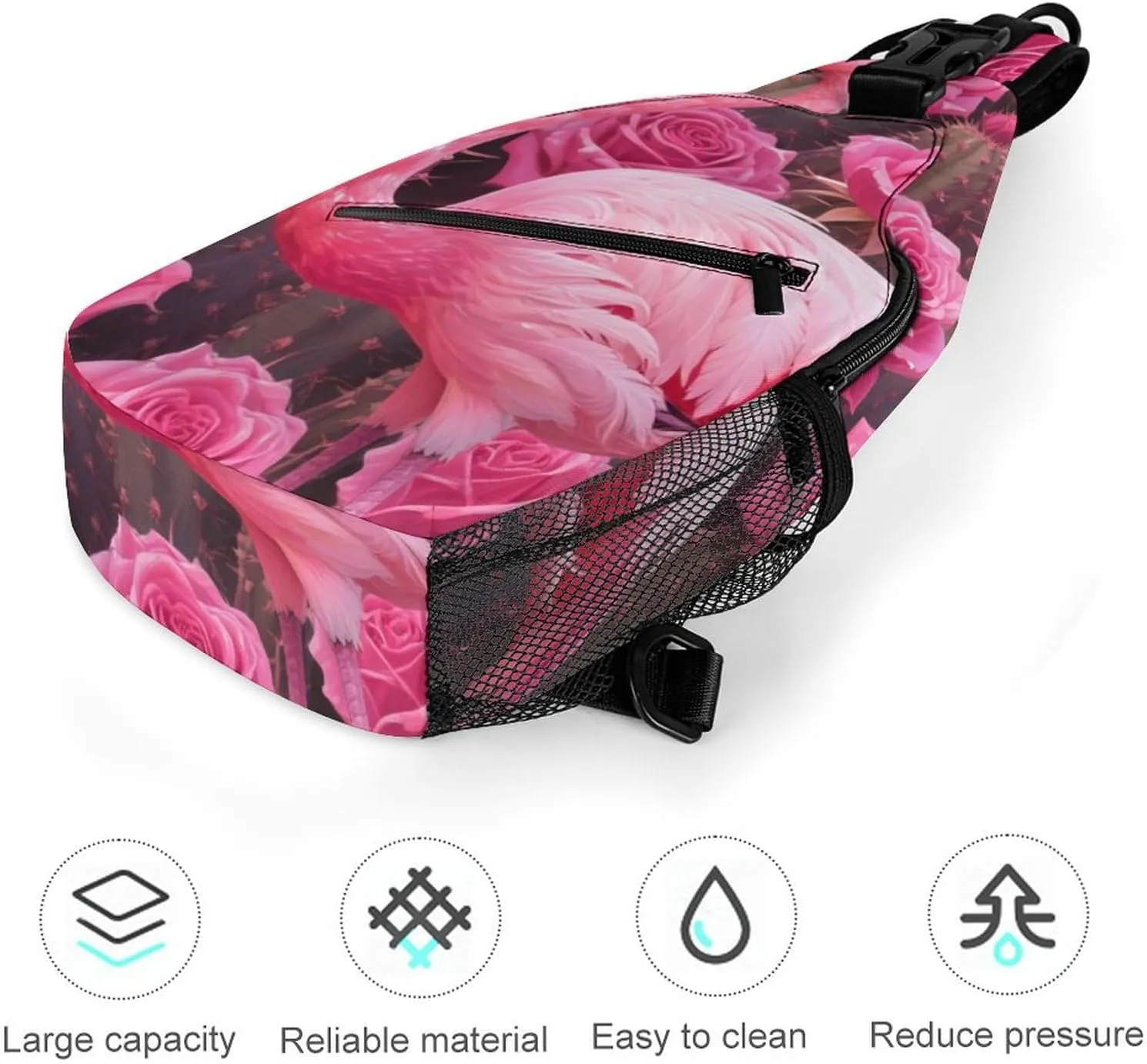 Ultra Lightweight Sling Shoulder Backpack Shoulder Crossbody Bag Chest Pack Multipurpose Anti-Theft Daypack for Outdoors Camping Hiking Trekking, Tropical Pink Flamingo Flowers Cactus Art