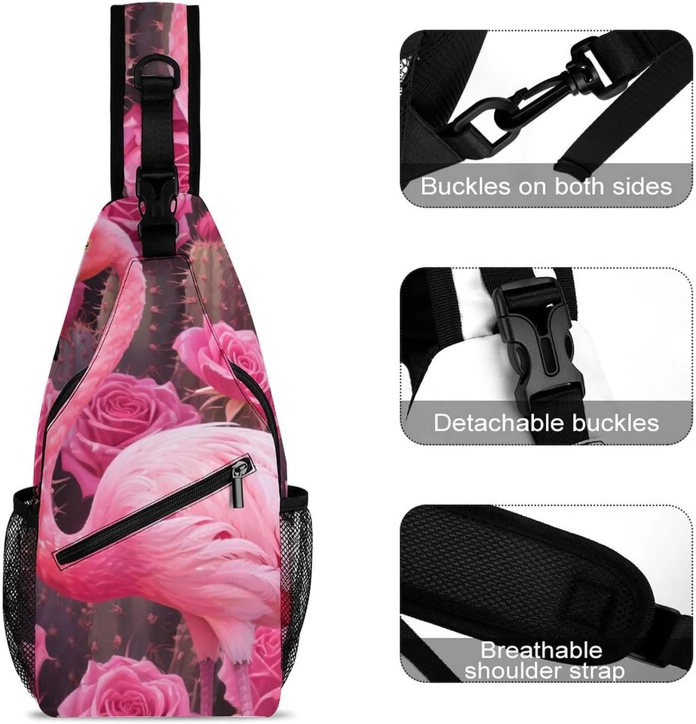Ultra Lightweight Sling Shoulder Backpack Shoulder Crossbody Bag Chest Pack Multipurpose Anti-Theft Daypack for Outdoors Camping Hiking Trekking, Tropical Pink Flamingo Flowers Cactus Art