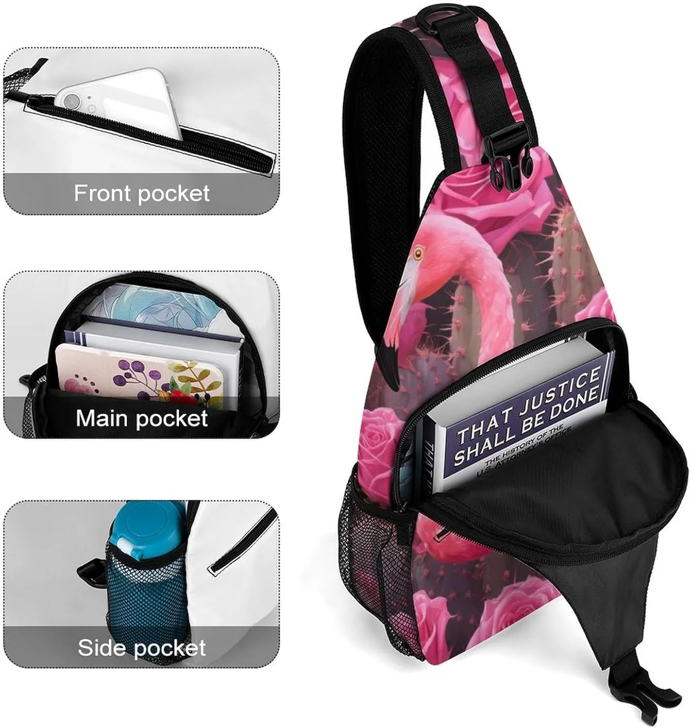 Ultra Lightweight Sling Shoulder Backpack Shoulder Crossbody Bag Chest Pack Multipurpose Anti-Theft Daypack for Outdoors Camping Hiking Trekking, Tropical Pink Flamingo Flowers Cactus Art