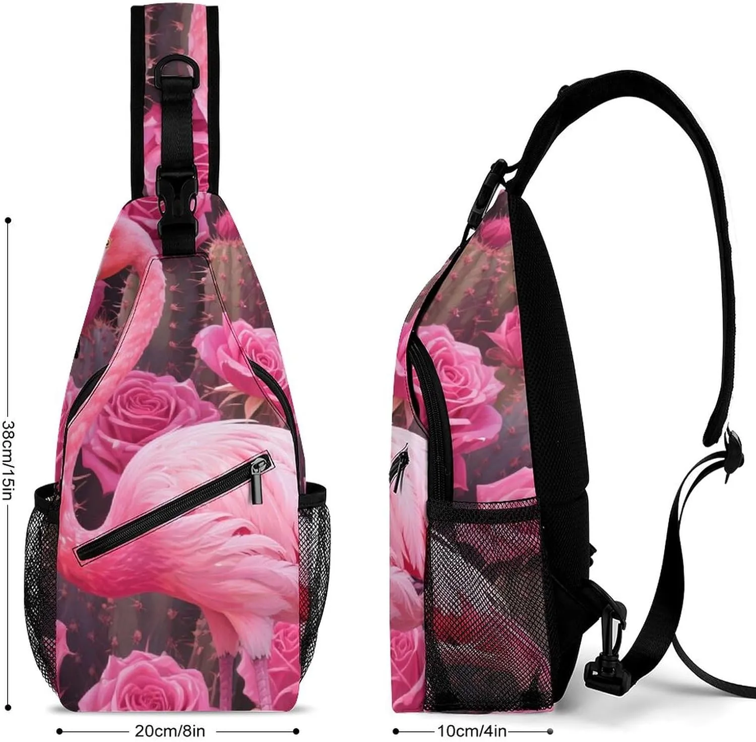 Ultra Lightweight Sling Shoulder Backpack Shoulder Crossbody Bag Chest Pack Multipurpose Anti-Theft Daypack for Outdoors Camping Hiking Trekking, Tropical Pink Flamingo Flowers Cactus Art