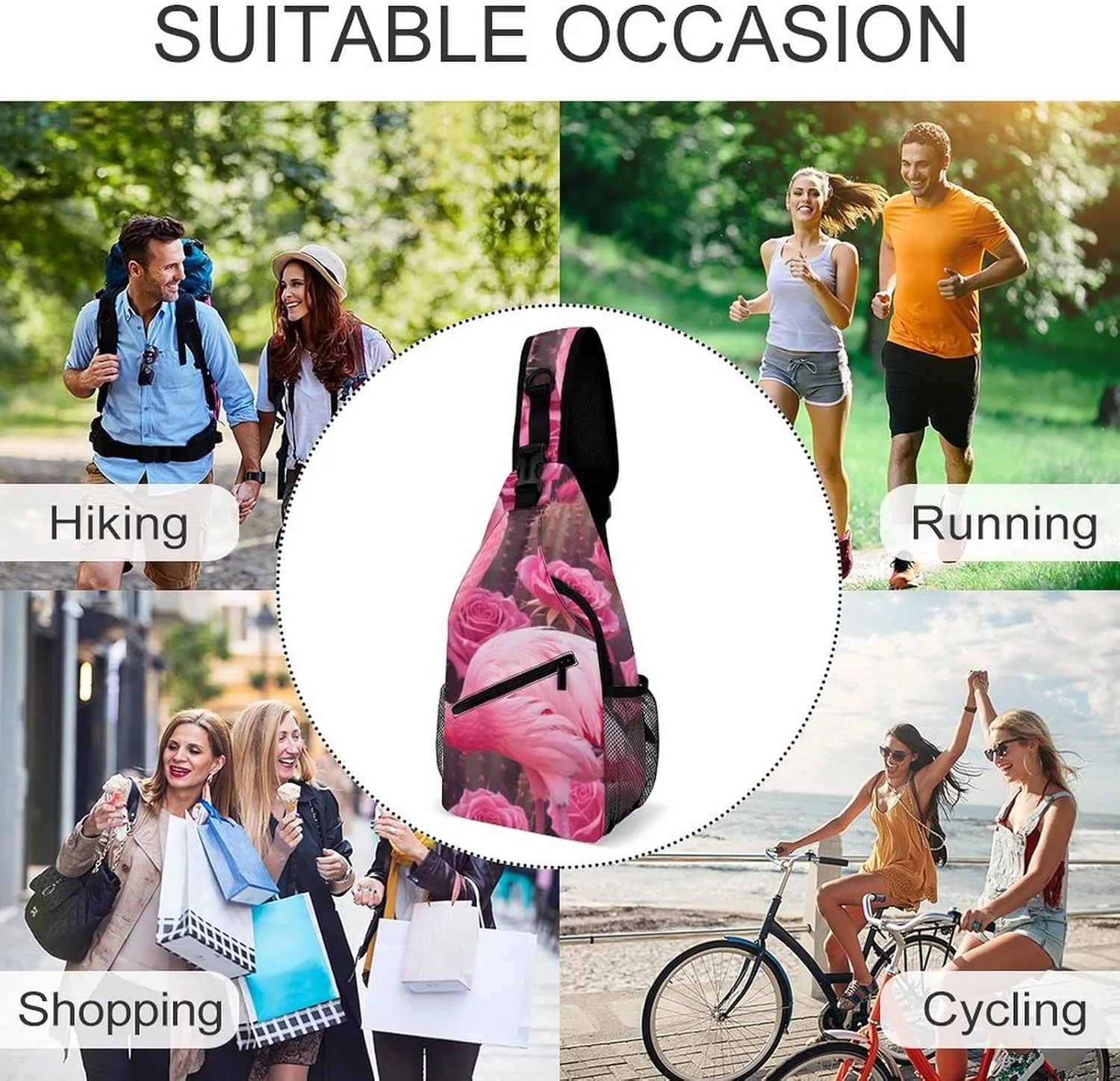 Ultra Lightweight Sling Shoulder Backpack Shoulder Crossbody Bag Chest Pack Multipurpose Anti-Theft Daypack for Outdoors Camping Hiking Trekking, Tropical Pink Flamingo Flowers Cactus Art